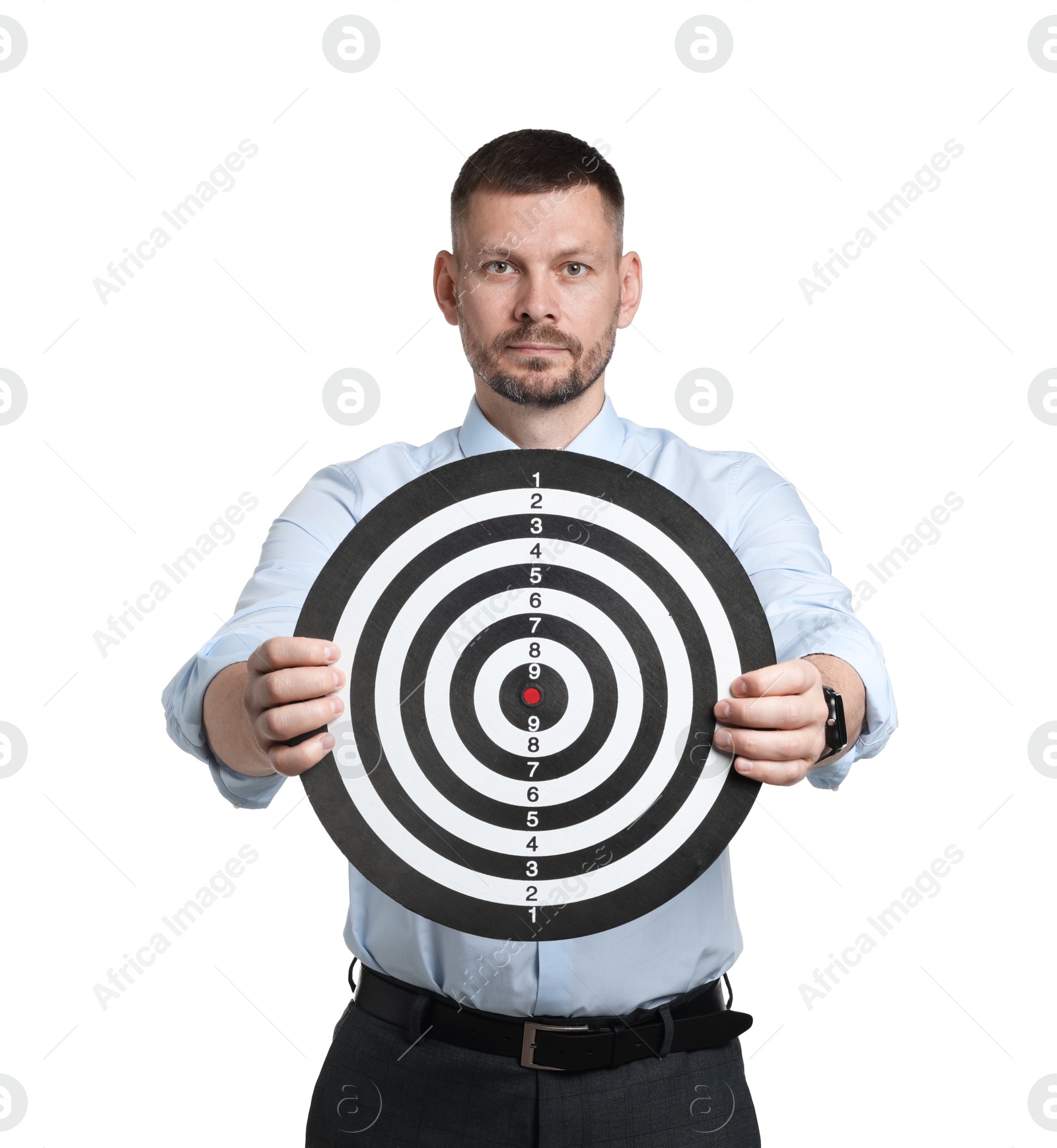 Photo of Targeting. Man with dart board on white background
