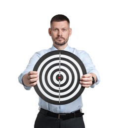 Photo of Targeting. Man with dart board on white background