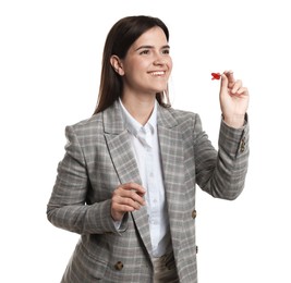 Photo of Targeting. Smiling businesswoman with dart aiming on white background