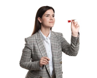 Photo of Targeting. Businesswoman with dart aiming on white background