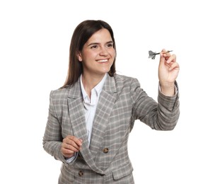 Photo of Targeting. Smiling businesswoman with dart aiming on white background