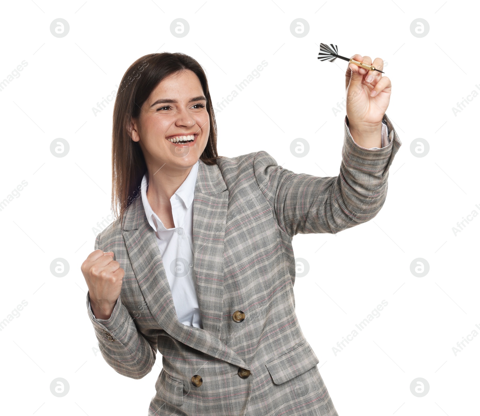 Photo of Targeting. Smiling businesswoman with dart aiming on white background