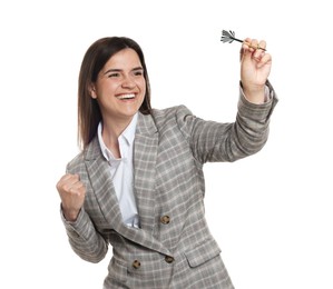 Photo of Targeting. Smiling businesswoman with dart aiming on white background