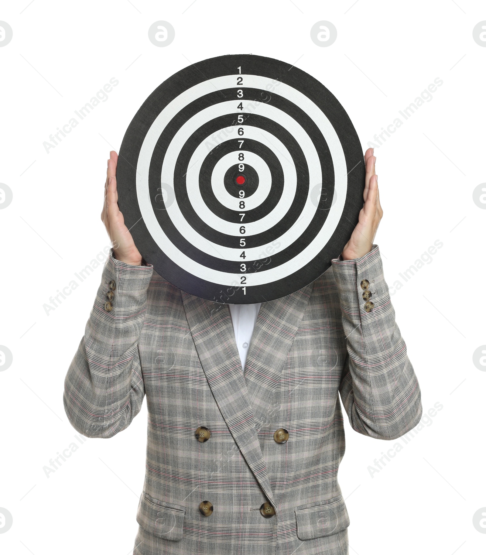 Targeting. Businesswoman hiding behind dart board on white background Photo of Targeting. Businesswoman hiding behind dart board on white background