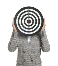 Photo of Targeting. Businesswoman hiding behind dart board on white background