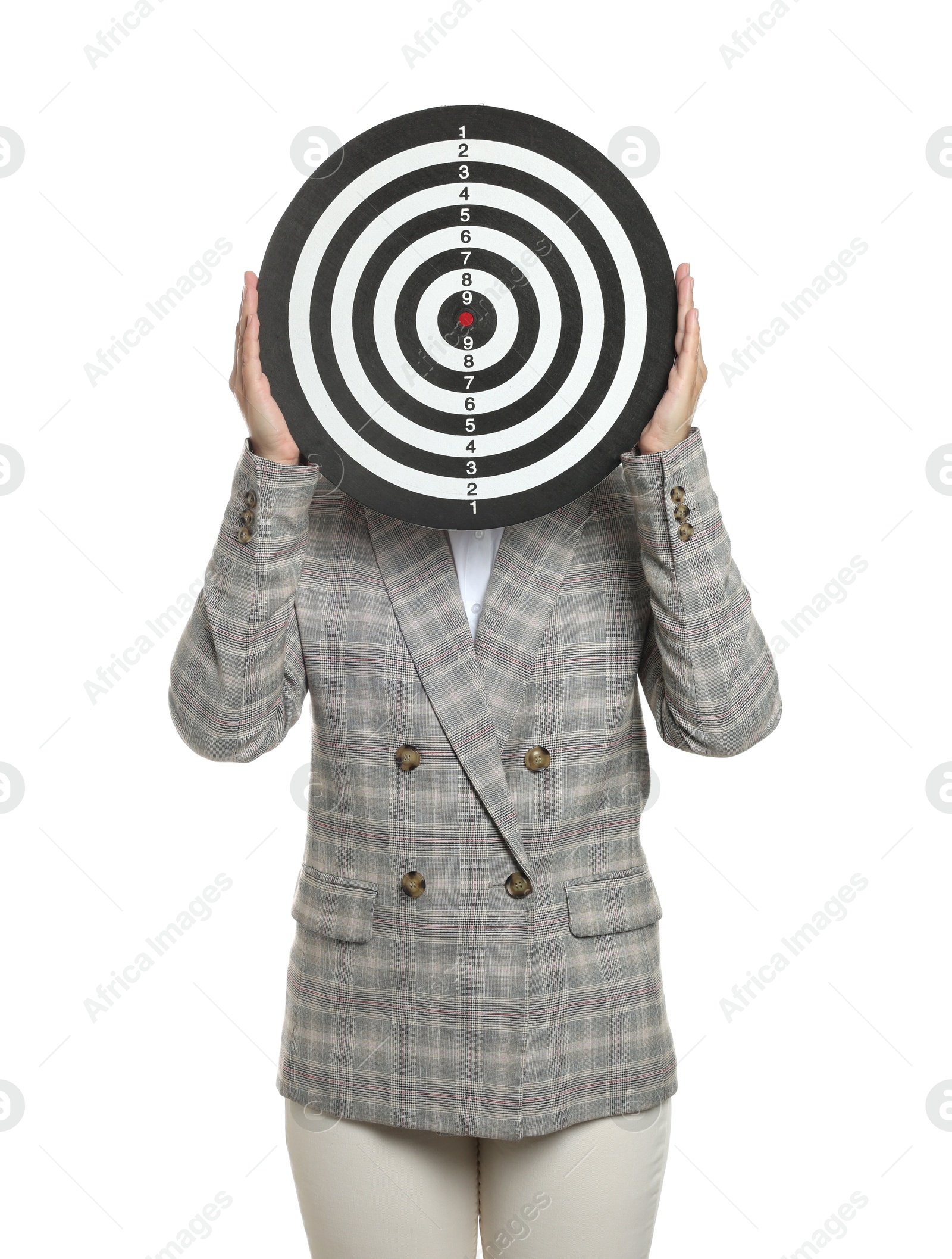Targeting. Businesswoman hiding behind dart board on white background Photo of Targeting. Businesswoman hiding behind dart board on white background