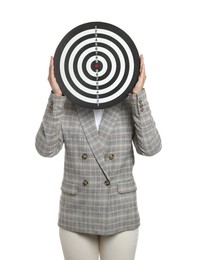 Photo of Targeting. Businesswoman hiding behind dart board on white background