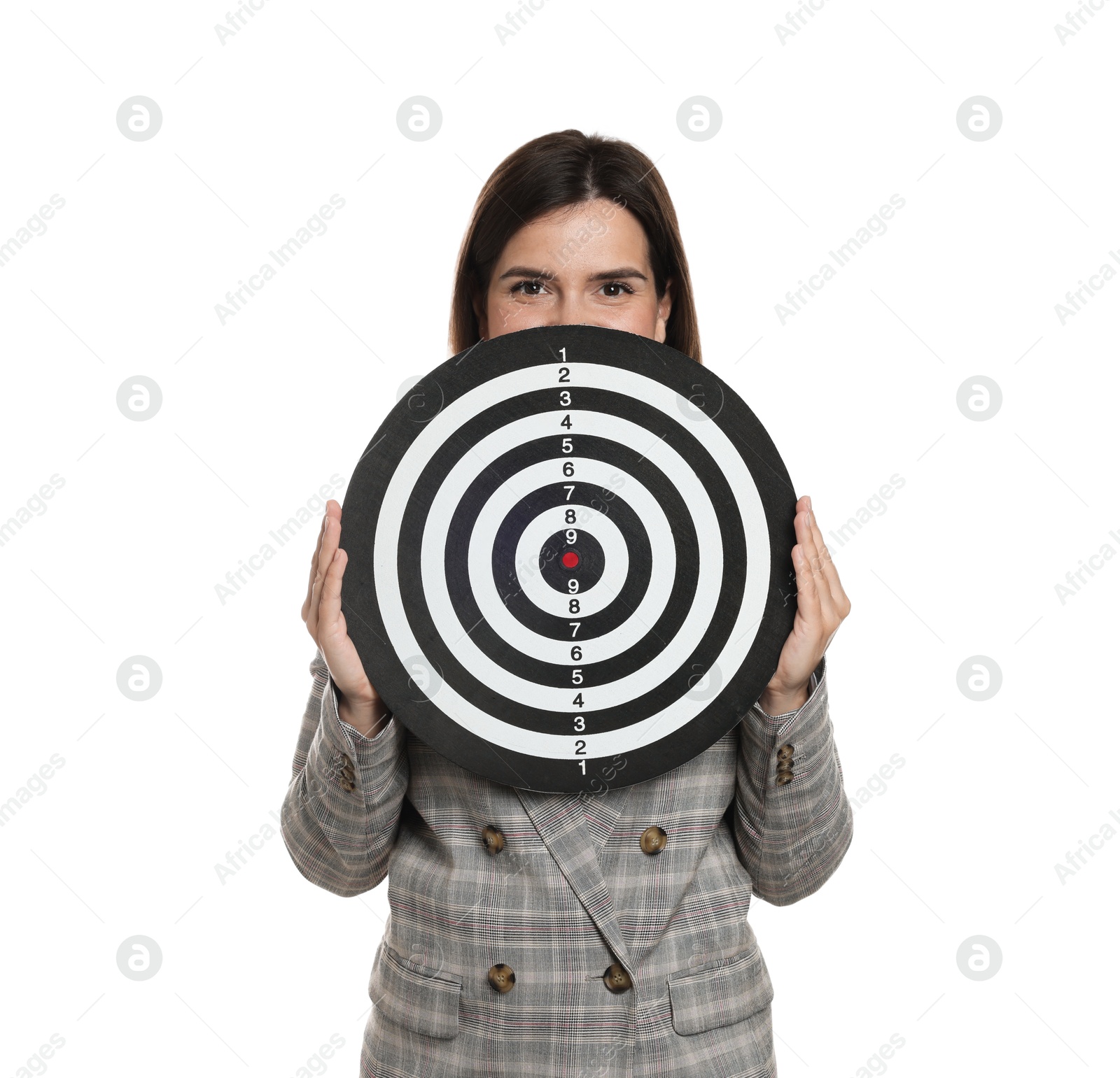 Photo of Targeting. Businesswoman with dart board on white background