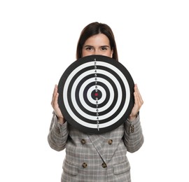 Photo of Targeting. Businesswoman with dart board on white background