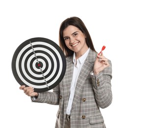 Photo of Targeting. Smiling businesswoman with dart board and arrow on white background