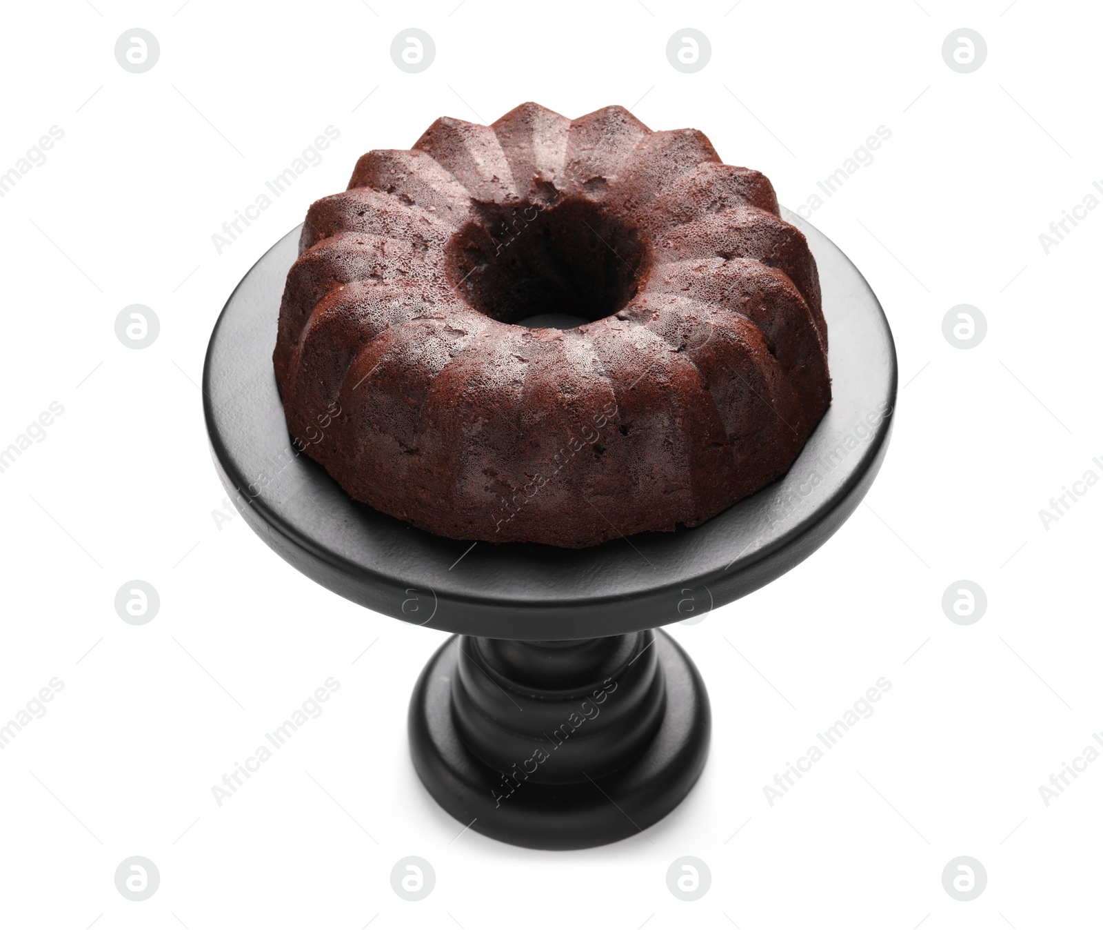 Tasty chocolate bundt cake isolated on white Photo of Tasty chocolate bundt cake isolated on white