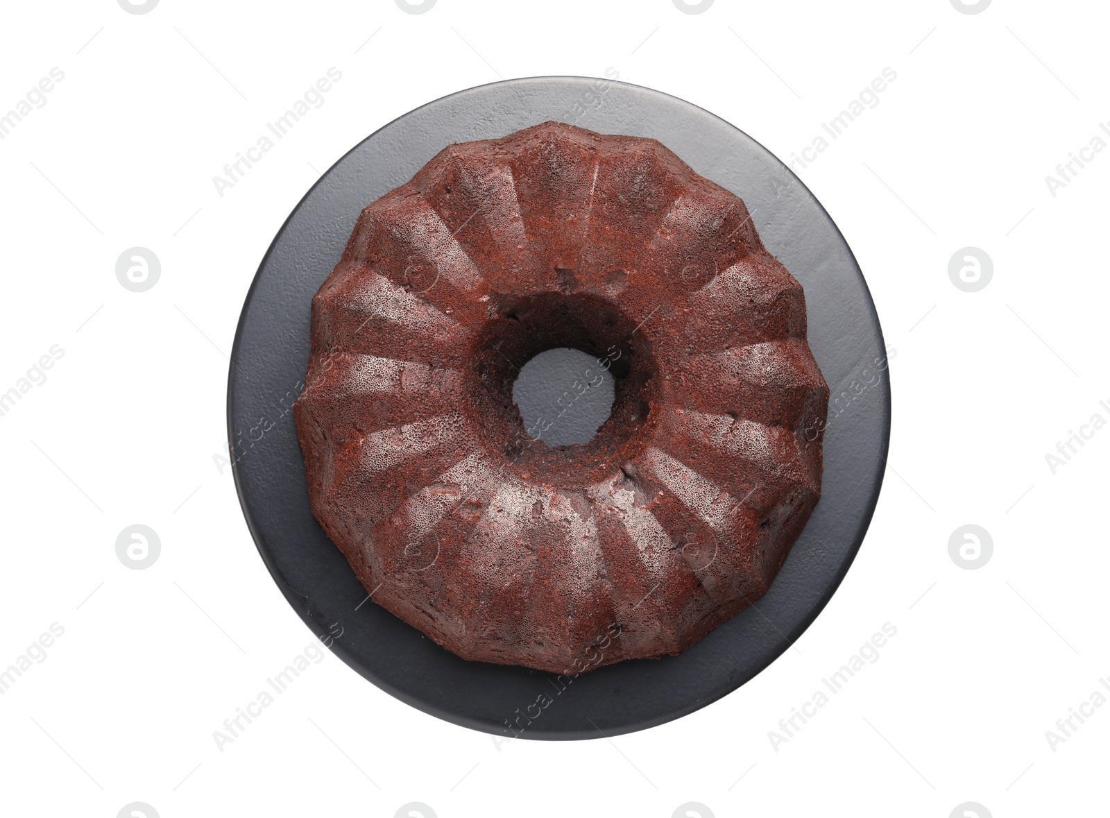 Tasty chocolate bundt cake isolated on white, top view Photo of Tasty chocolate bundt cake isolated on white, top view