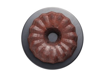 Photo of Tasty chocolate bundt cake isolated on white, top view