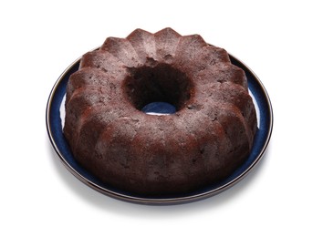 Photo of Tasty chocolate bundt cake isolated on white