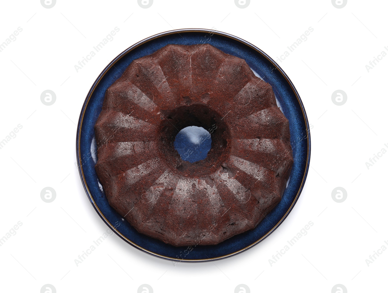 Tasty chocolate bundt cake isolated on white, top view Photo of Tasty chocolate bundt cake isolated on white, top view