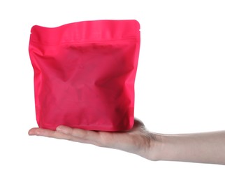 Photo of Woman with zipper stand-up pouch on white background, closeup. Mockup for design