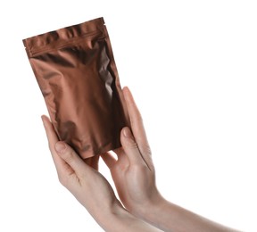 Photo of Woman with zipper stand-up pouch on white background, closeup. Mockup for design