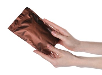 Photo of Woman with zipper stand-up pouch on white background, closeup. Mockup for design