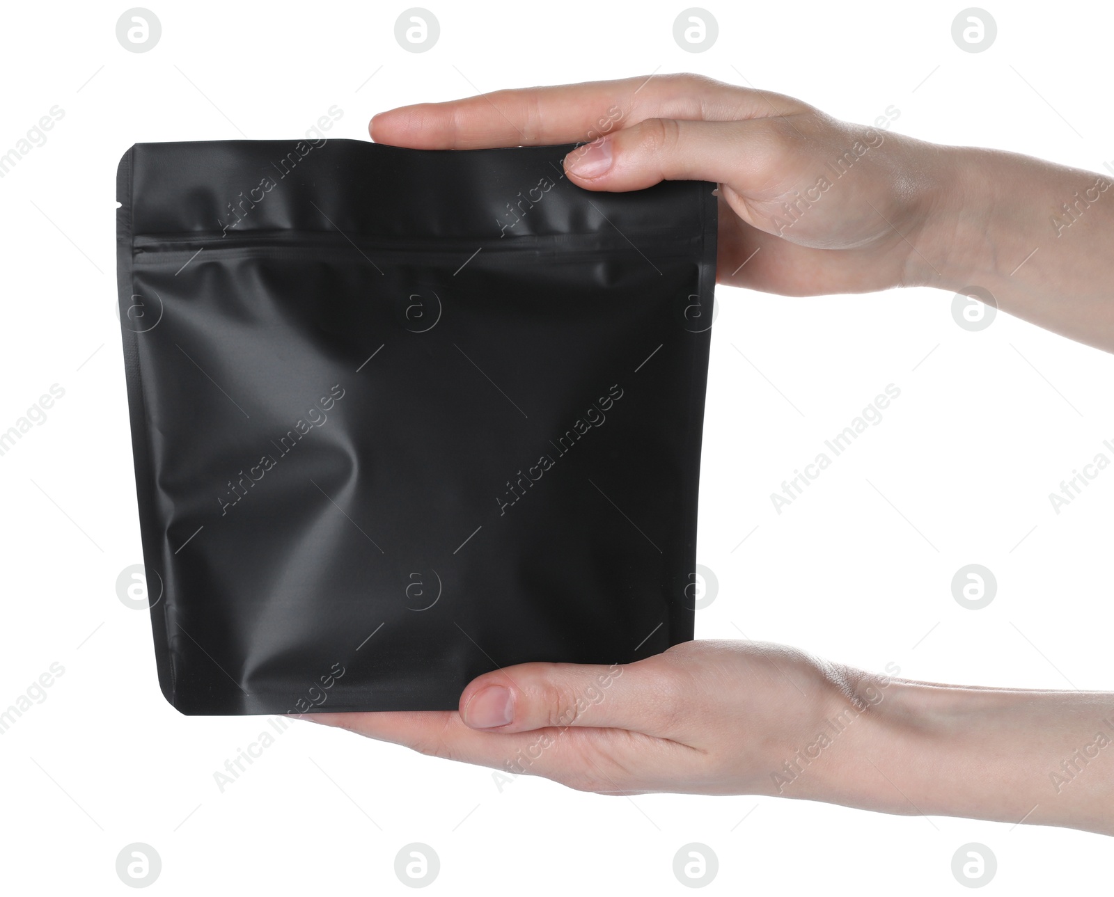 Woman with zipper stand-up pouch on white background, closeup. Mockup for design Photo of Woman with zipper stand-up pouch on white background, closeup. Mockup for design