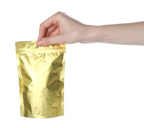 Photo of Woman with zipper stand-up pouch on white background, closeup. Mockup for design