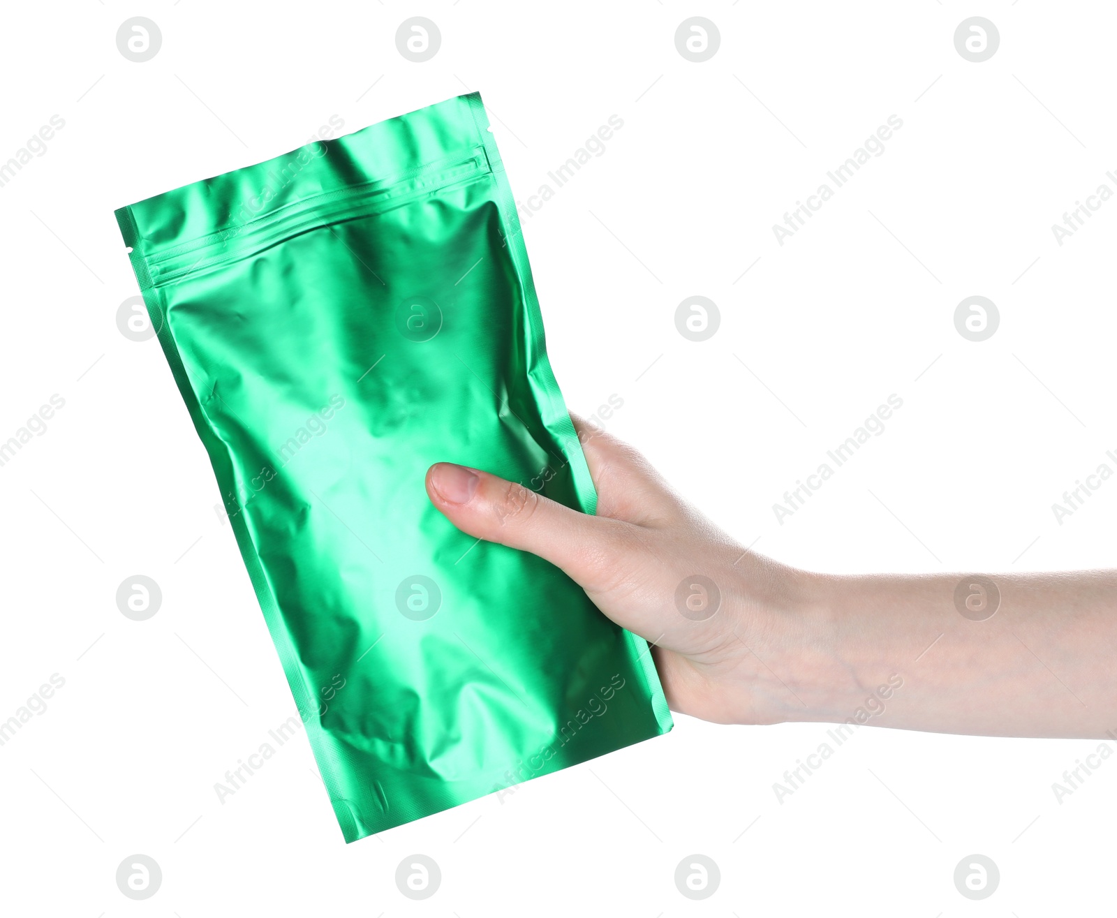 Woman with zipper stand-up pouch on white background, closeup. Mockup for design Photo of Woman with zipper stand-up pouch on white background, closeup. Mockup for design