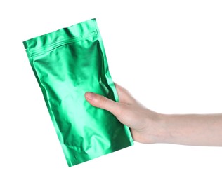Photo of Woman with zipper stand-up pouch on white background, closeup. Mockup for design