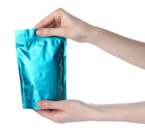 Photo of Woman with zipper stand-up pouch on white background, closeup. Mockup for design