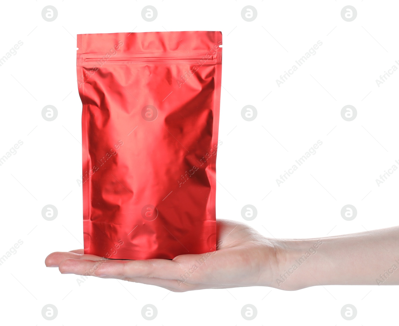 Woman with zipper stand-up pouch on white background, closeup. Mockup for design Photo of Woman with zipper stand-up pouch on white background, closeup. Mockup for design