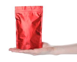 Photo of Woman with zipper stand-up pouch on white background, closeup. Mockup for design