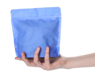 Photo of Woman with zipper stand-up pouch on white background, closeup. Mockup for design