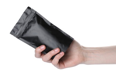 Photo of Woman with zipper stand-up pouch on white background, closeup. Mockup for design