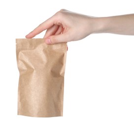 Photo of Woman with zipper stand-up pouch on white background, closeup. Mockup for design