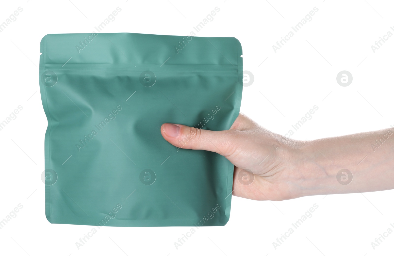 Woman with zipper stand-up pouch on white background, closeup. Mockup for design Photo of Woman with zipper stand-up pouch on white background, closeup. Mockup for design