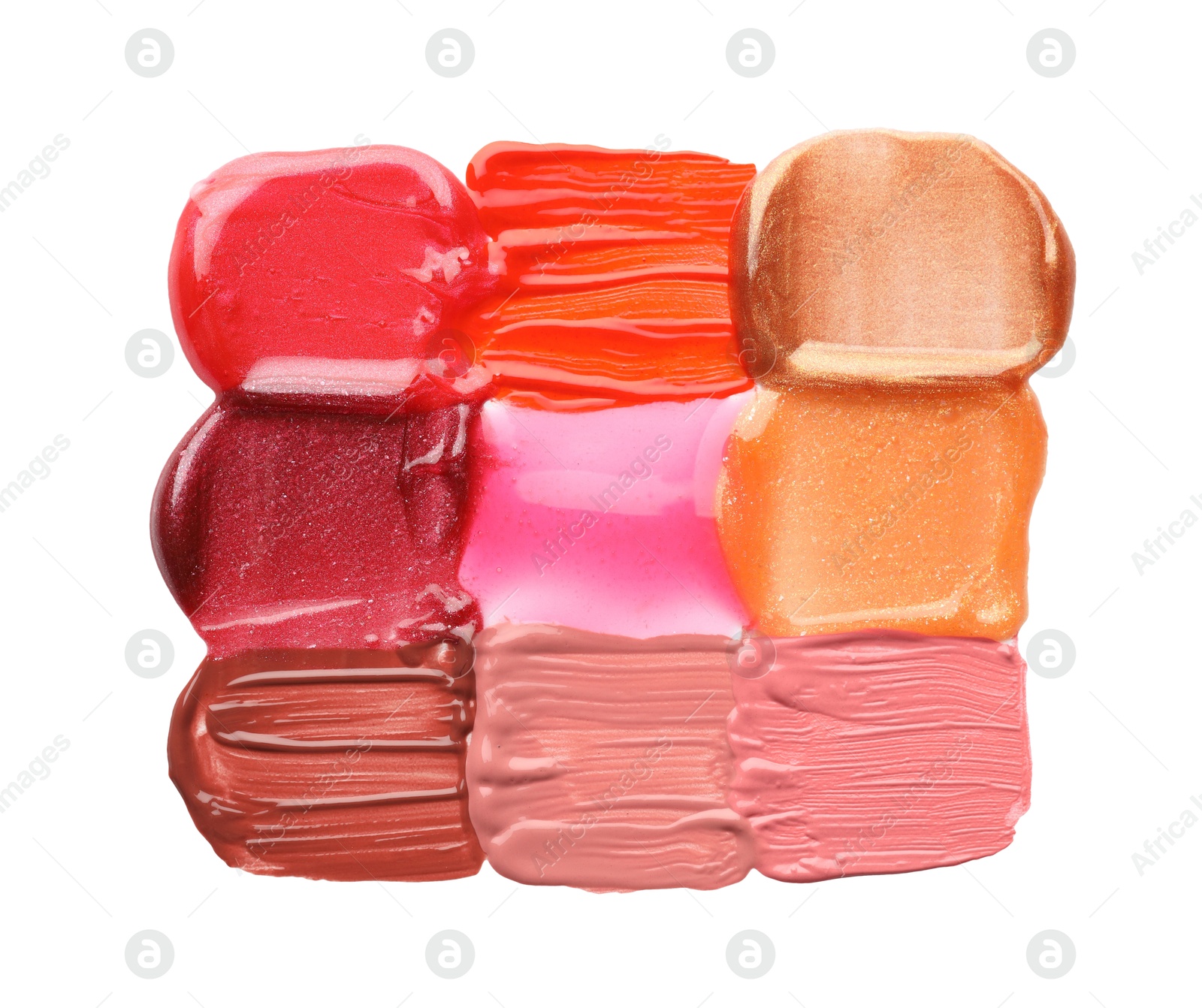 Photo of Colorful lip glosses isolated on white, top view