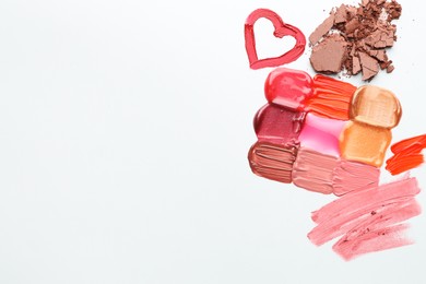 Photo of Different cosmetic products on white background, flat lay. Space for text