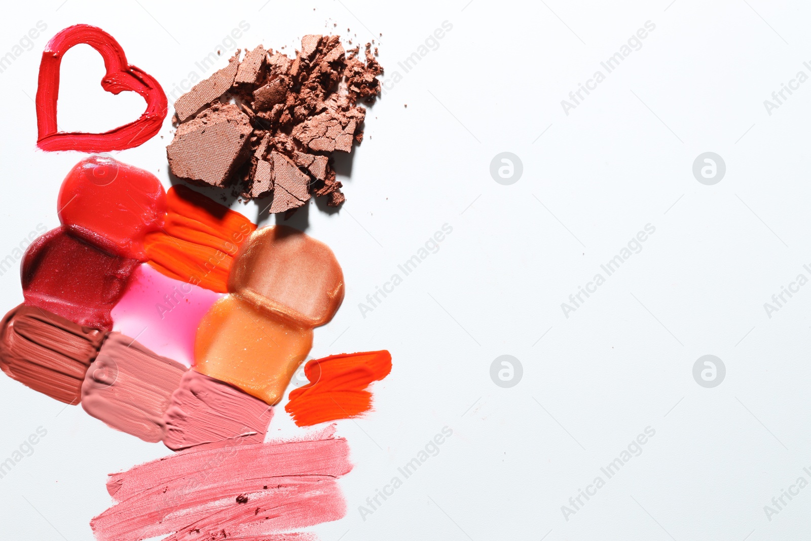Different cosmetic products on white background, flat lay. Space for text Photo of Different cosmetic products on white background, flat lay. Space for text