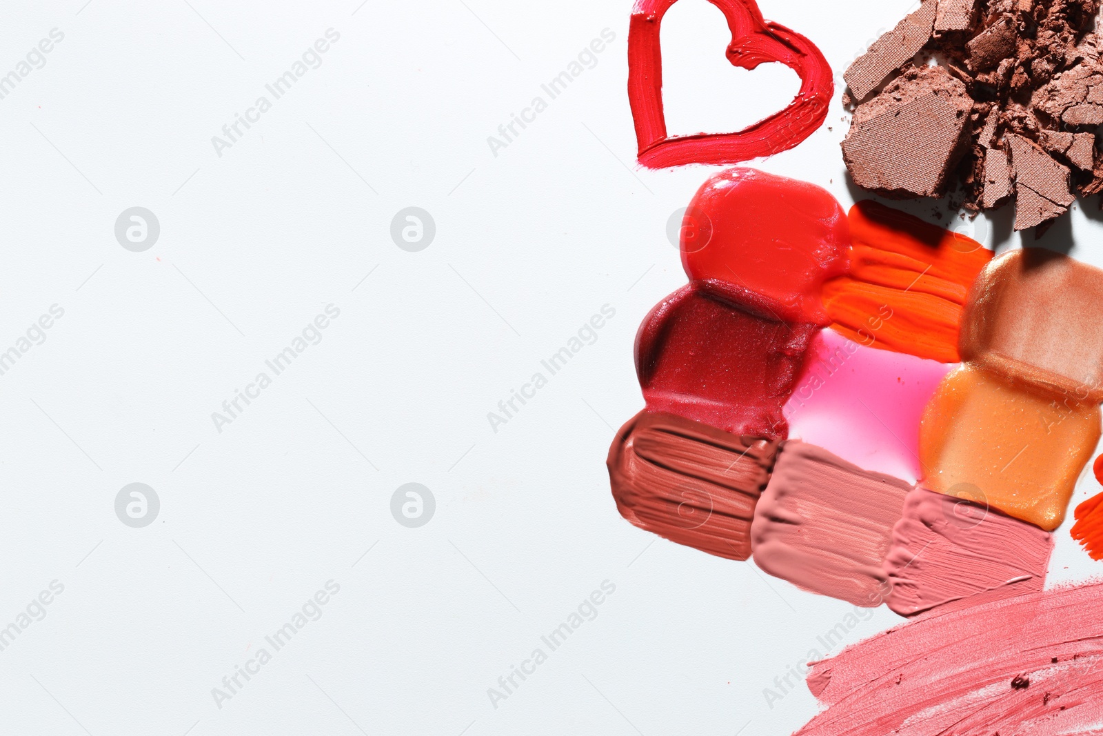 Different cosmetic products on white background, flat lay. Space for text Photo of Different cosmetic products on white background, flat lay. Space for text