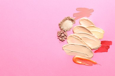 Photo of Different cosmetic products on magenta background, flat lay. Space for text