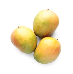 Photo of Fresh ripe mangos isolated on white, top view