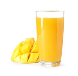 Photo of Tasty mango juice in glass and fresh fruit isolated on white