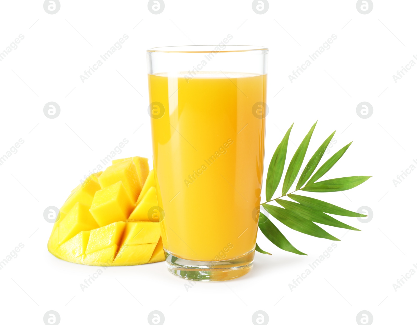 Tasty mango juice in glass and fresh fruit isolated on white Photo of Tasty mango juice in glass and fresh fruit isolated on white