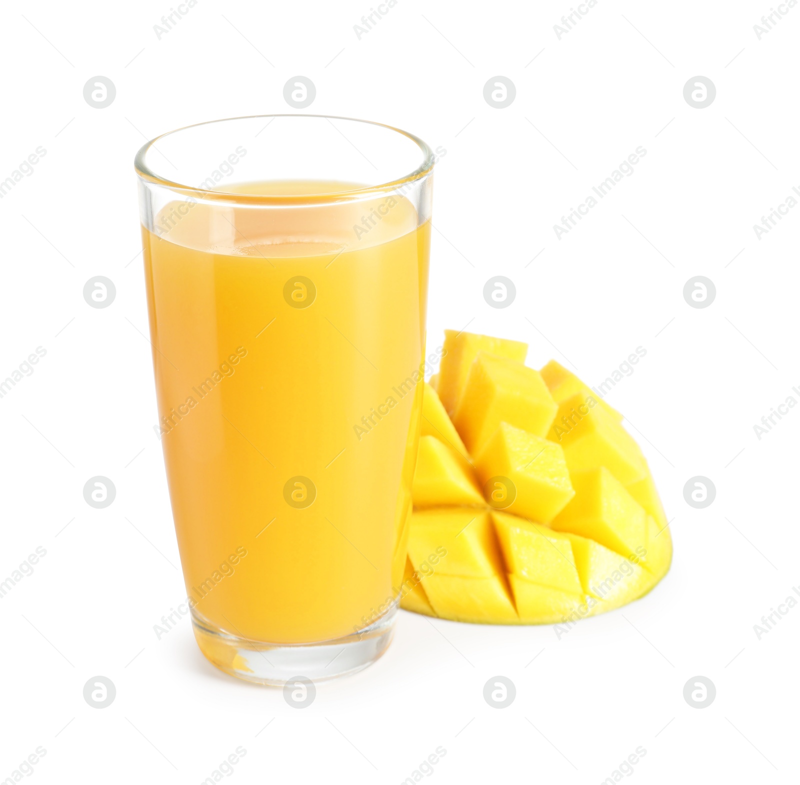 Tasty mango juice in glass and fresh fruit isolated on white Photo of Tasty mango juice in glass and fresh fruit isolated on white