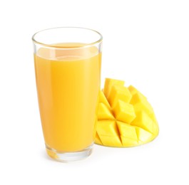 Photo of Tasty mango juice in glass and fresh fruit isolated on white