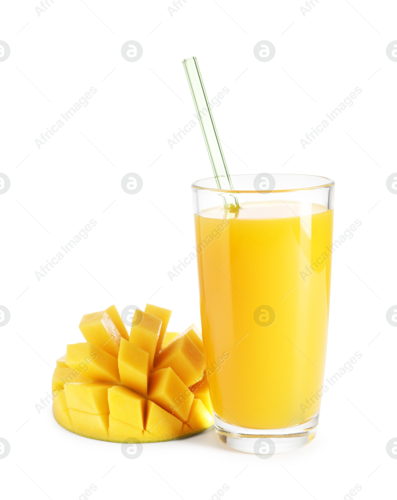 Tasty mango juice in glass and fresh fruit isolated on white Photo of Tasty mango juice in glass and fresh fruit isolated on white