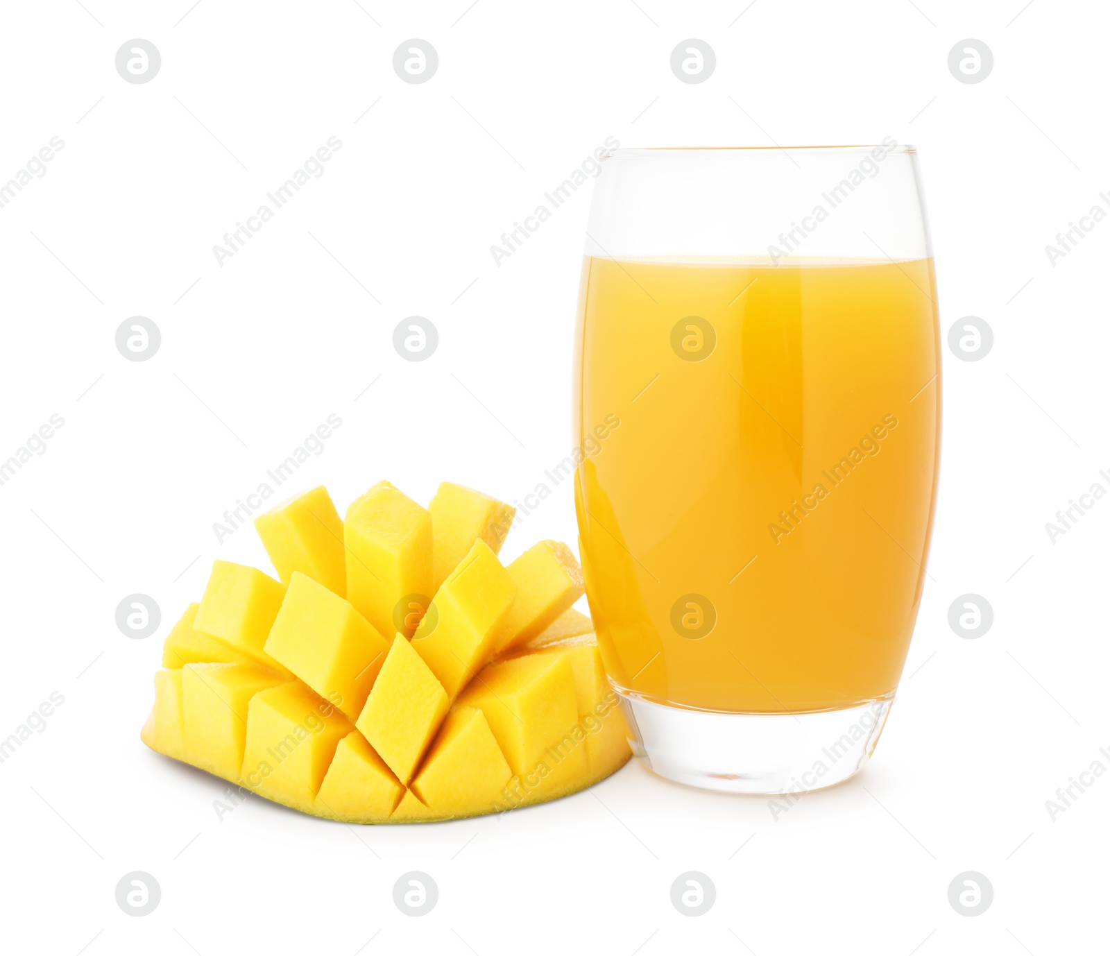 Tasty mango juice in glass and fresh fruit isolated on white Photo of Tasty mango juice in glass and fresh fruit isolated on white