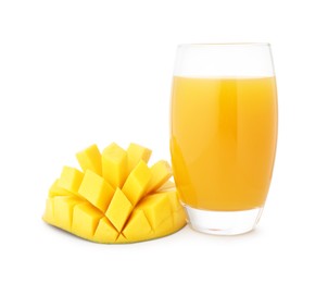 Photo of Tasty mango juice in glass and fresh fruit isolated on white