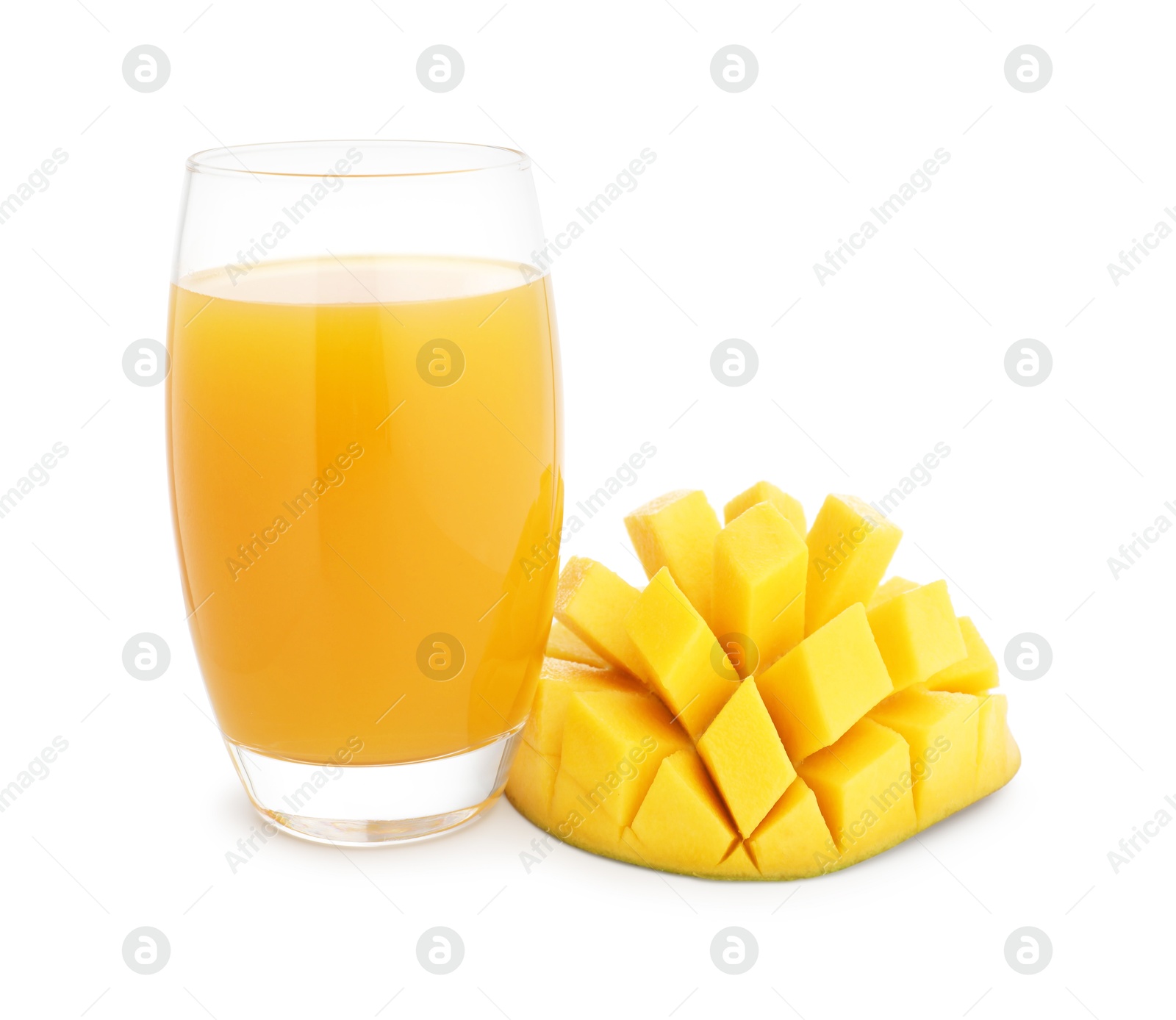 Tasty mango juice in glass and fresh fruit isolated on white Photo of Tasty mango juice in glass and fresh fruit isolated on white