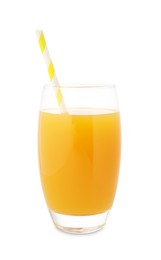 Photo of Tasty mango juice in glass with straw isolated on white