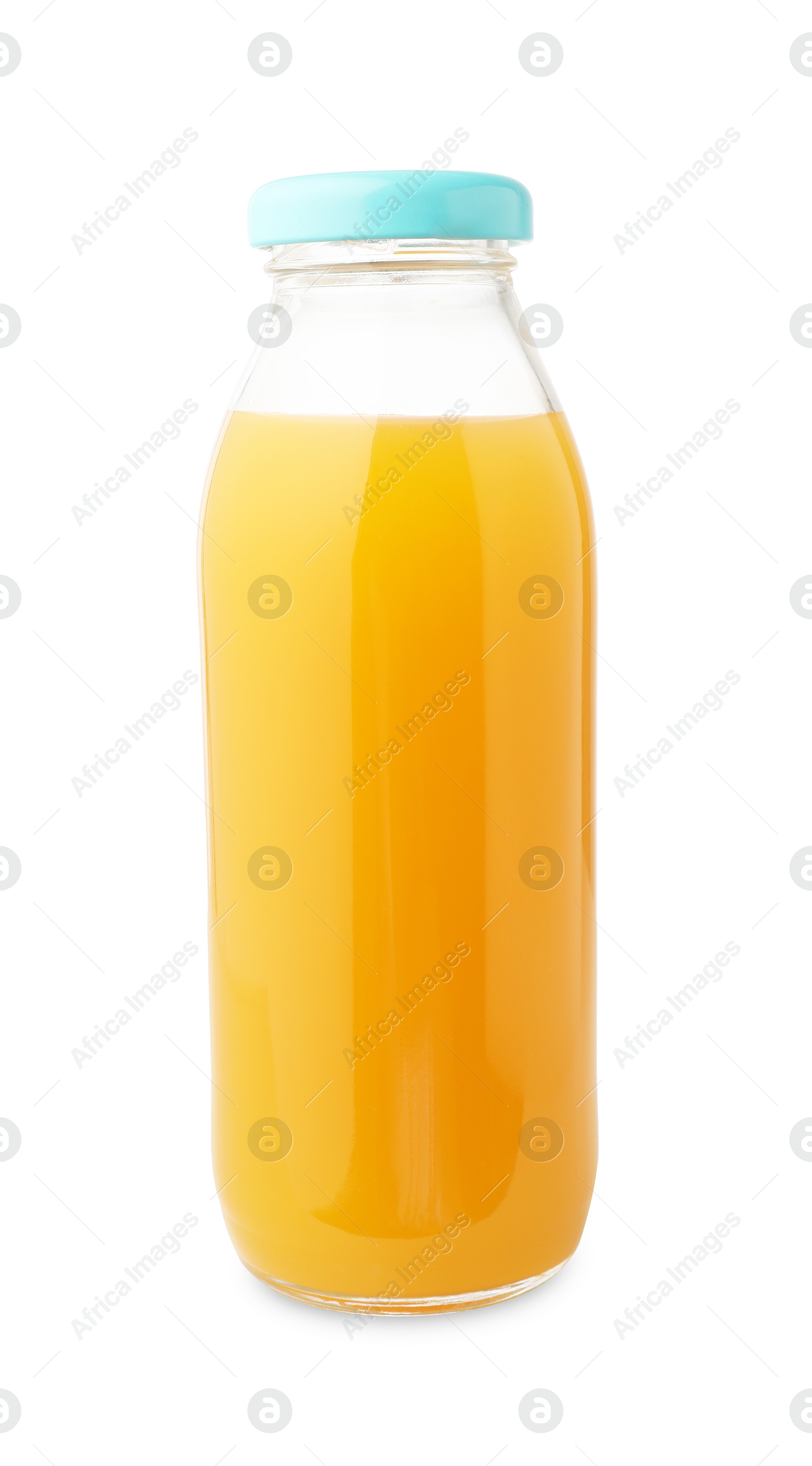 Tasty mango juice in glass bottle isolated on white Photo of Tasty mango juice in glass bottle isolated on white
