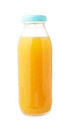 Photo of Tasty mango juice in glass bottle isolated on white